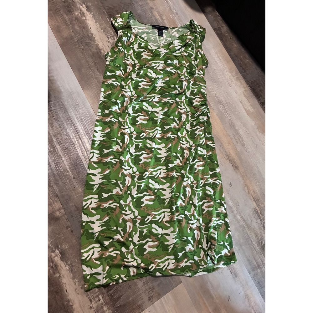 Ashley Stewart Green Camo Zipper Shoulder Ruched Midi Dress Womens 14/16 L XL